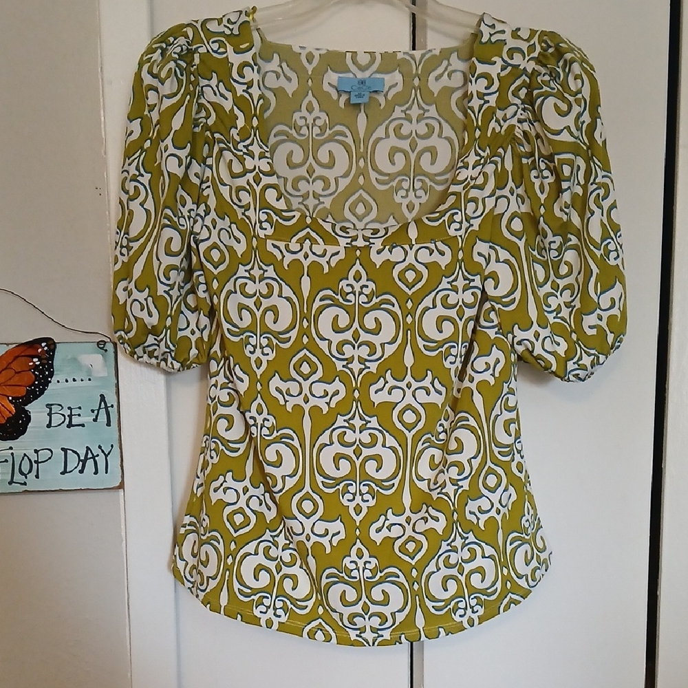 CeCe Olive and White Patterned Blouse